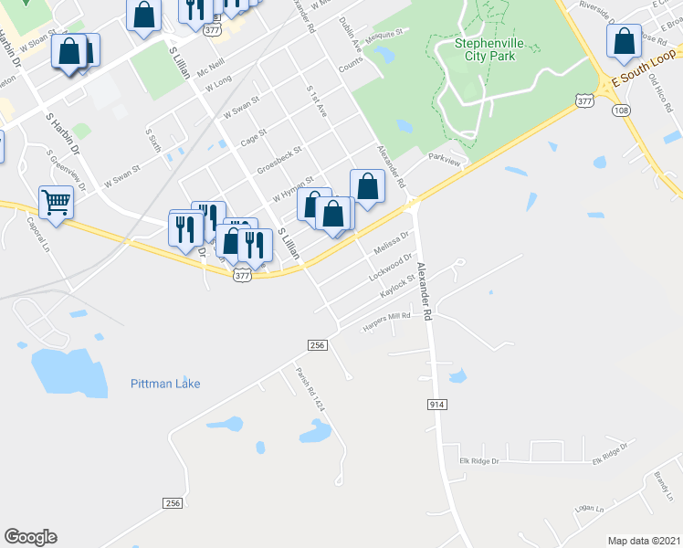 map of restaurants, bars, coffee shops, grocery stores, and more near 1460 Melissa Drive in Stephenville