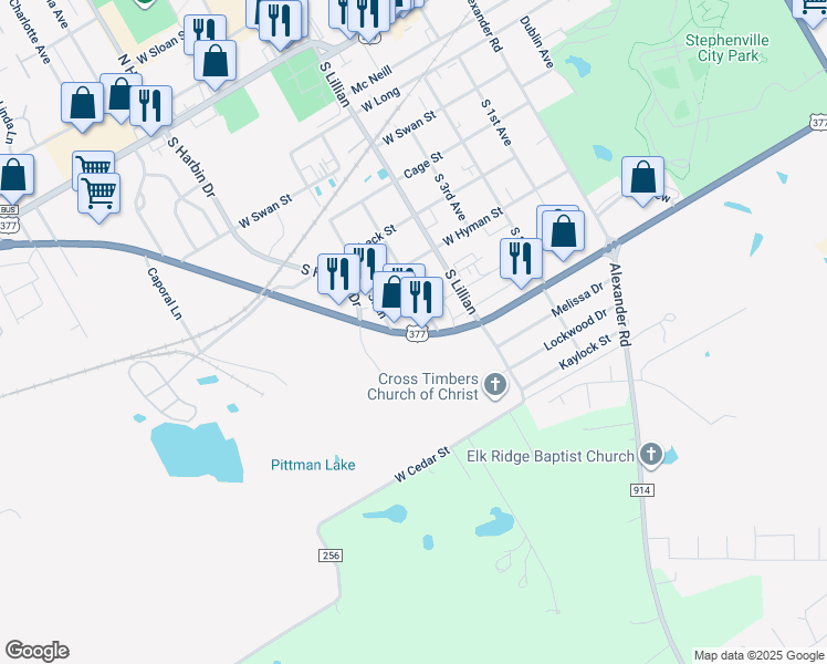 map of restaurants, bars, coffee shops, grocery stores, and more near 938-998 S 5th Ave in Stephenville