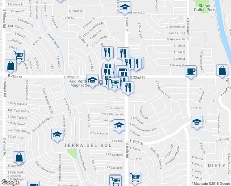 map of restaurants, bars, coffee shops, grocery stores, and more near 7050 East 22nd Street in Tucson