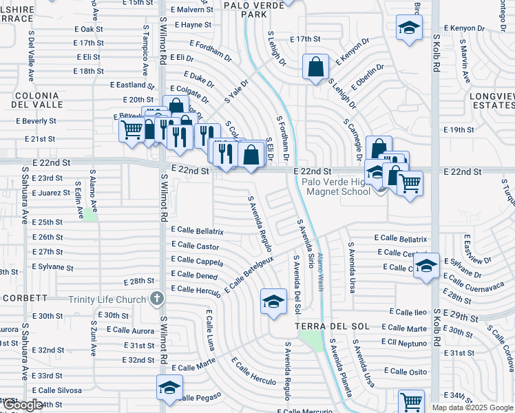 map of restaurants, bars, coffee shops, grocery stores, and more near 1401 South Avenida Regulo in Tucson