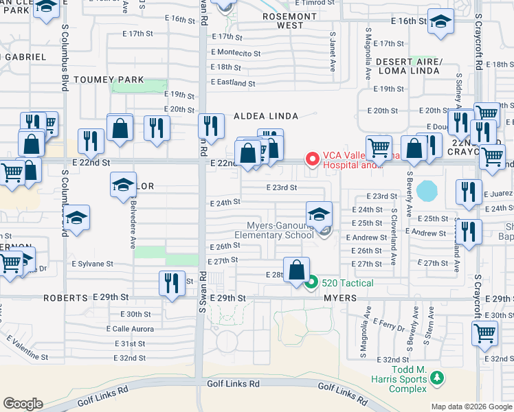 map of restaurants, bars, coffee shops, grocery stores, and more near 4825 East 24th Street in Tucson