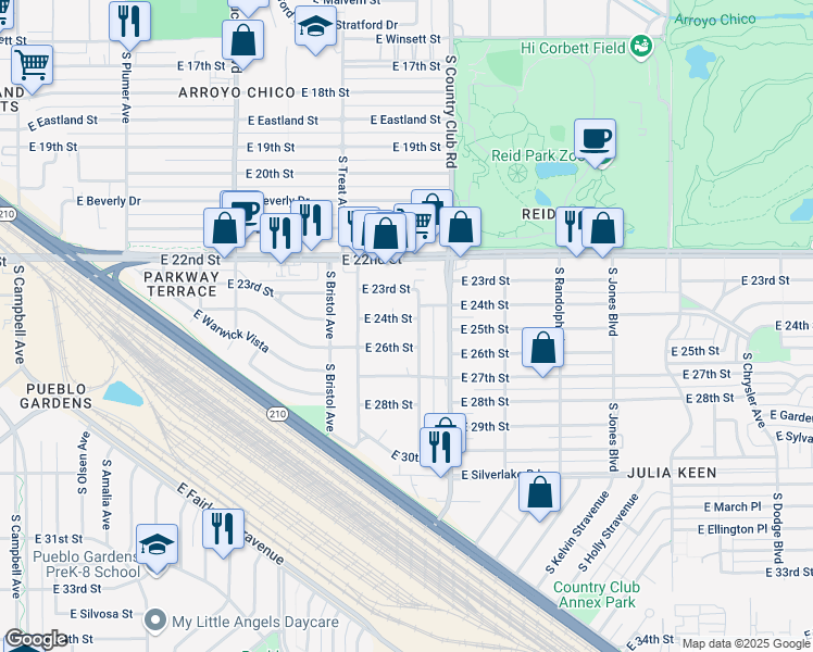 map of restaurants, bars, coffee shops, grocery stores, and more near 1328 South Winmor Avenue in Tucson