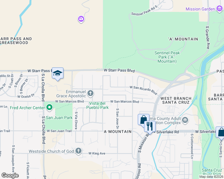 map of restaurants, bars, coffee shops, grocery stores, and more near 1702 West San Ricardo Boulevard in Tucson