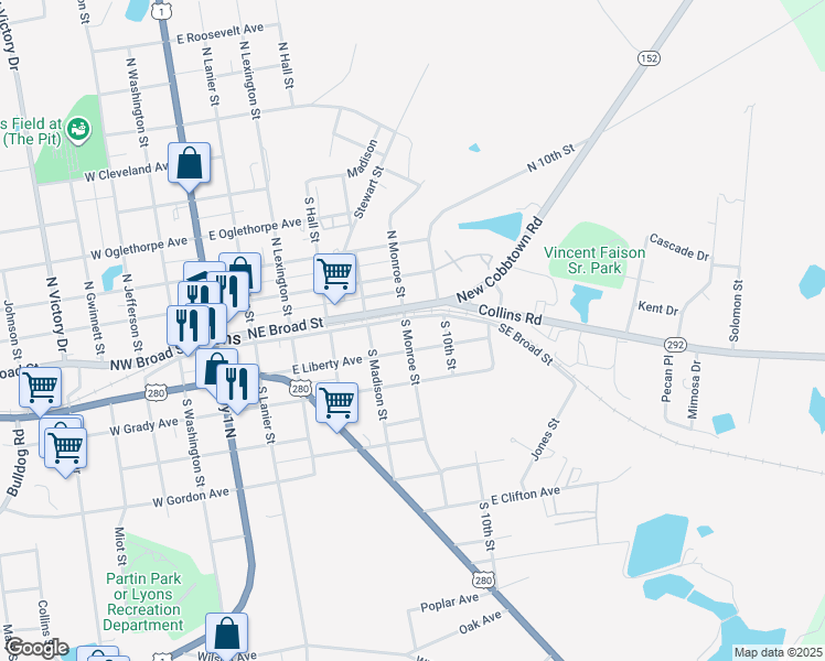 map of restaurants, bars, coffee shops, grocery stores, and more near 348 Southeast Broad Street in Lyons