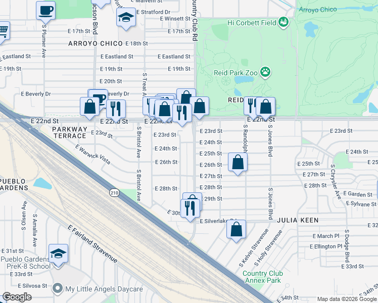 map of restaurants, bars, coffee shops, grocery stores, and more near 1416 South Country Club Road in Tucson