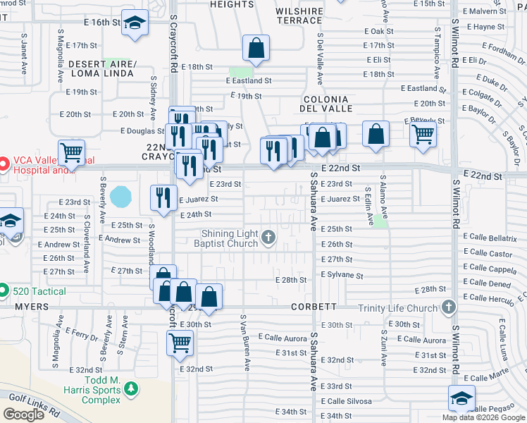 map of restaurants, bars, coffee shops, grocery stores, and more near 5730 East 23rd Street in Tucson