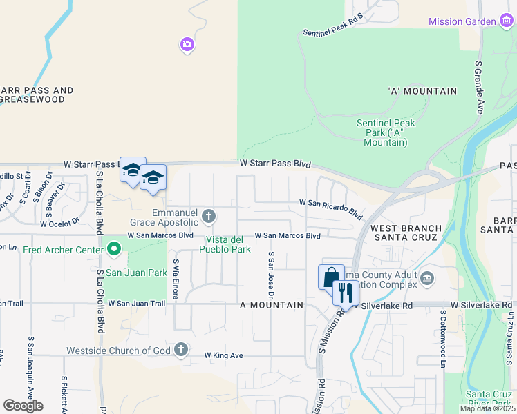 map of restaurants, bars, coffee shops, grocery stores, and more near 1702 West San Ricardo Boulevard in Tucson