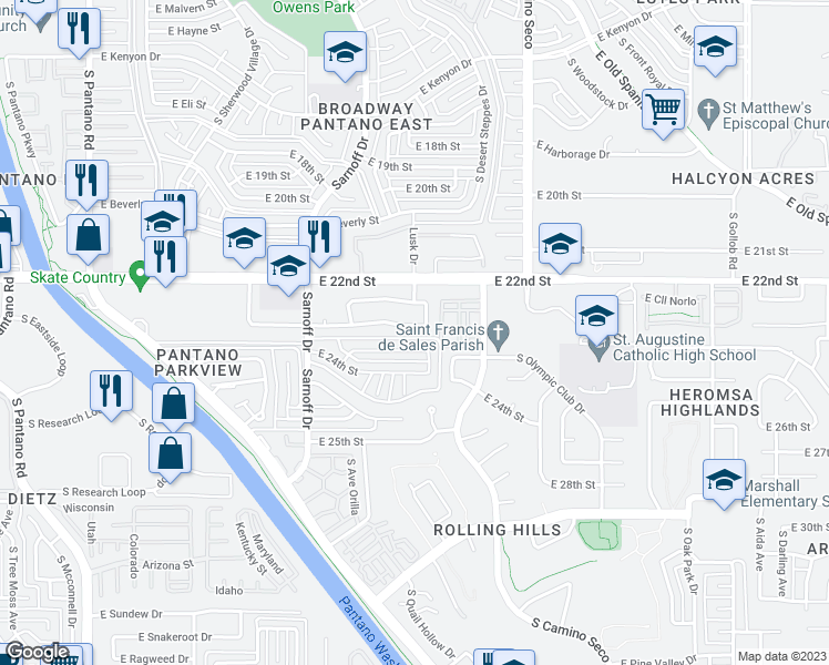 map of restaurants, bars, coffee shops, grocery stores, and more near 8496 East Bowline Road in Tucson