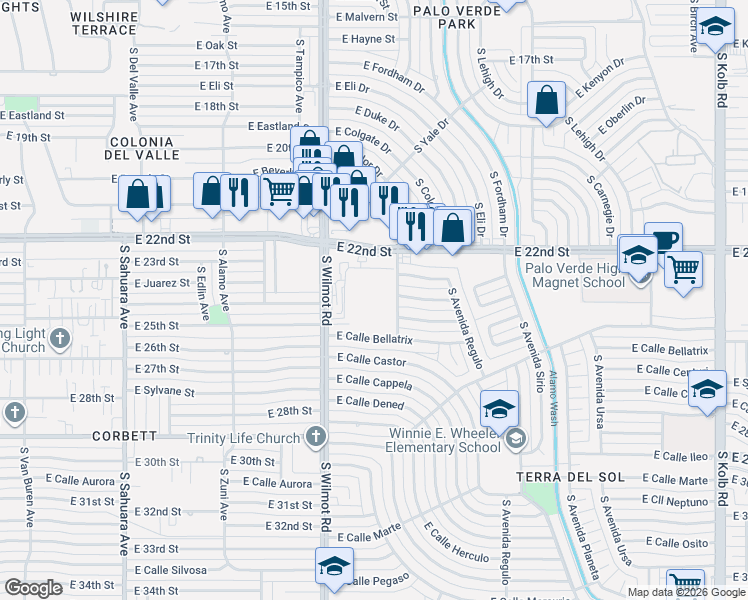 map of restaurants, bars, coffee shops, grocery stores, and more near 1336 South Avenida Polar in Tucson