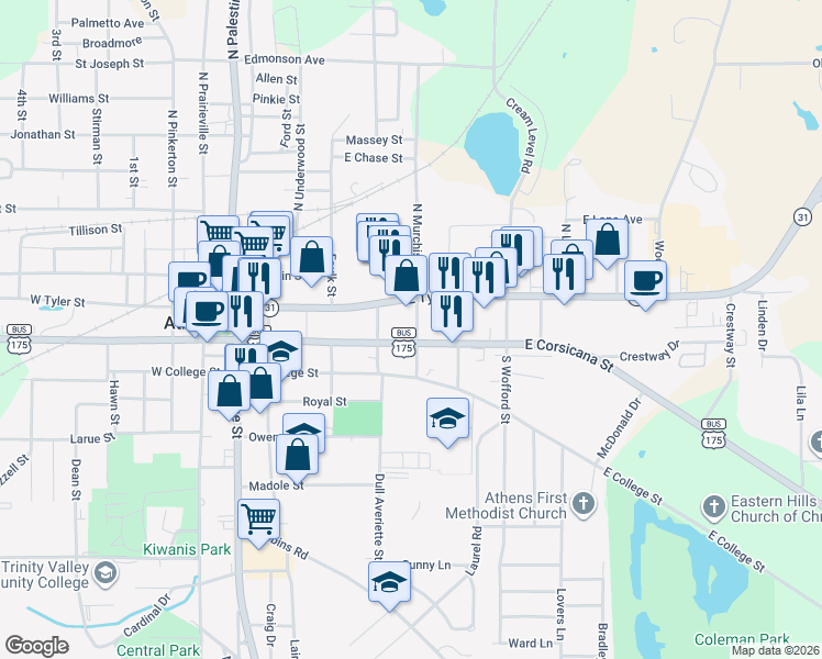 map of restaurants, bars, coffee shops, grocery stores, and more near 113 North Murchison Street in Athens