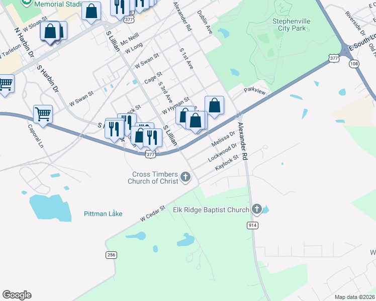 map of restaurants, bars, coffee shops, grocery stores, and more near 1460 West South Loop in Stephenville