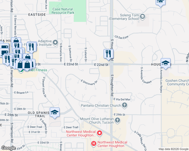 map of restaurants, bars, coffee shops, grocery stores, and more near 10193 East Pleasant View Way in Tucson