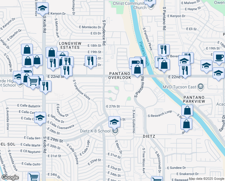 map of restaurants, bars, coffee shops, grocery stores, and more near 1319 South Marc Drive in Tucson