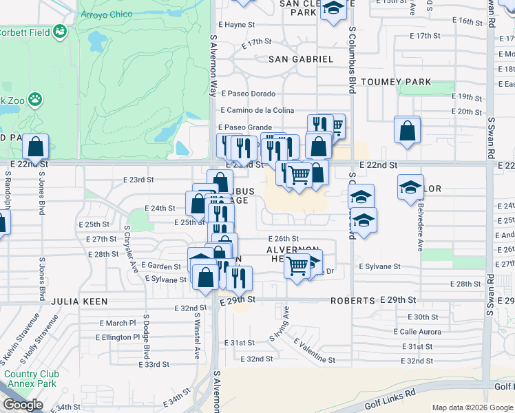 map of restaurants, bars, coffee shops, grocery stores, and more near 4010 East Juarez Street in Tucson
