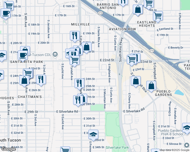 map of restaurants, bars, coffee shops, grocery stores, and more near 1040 East 23rd Street in Tucson