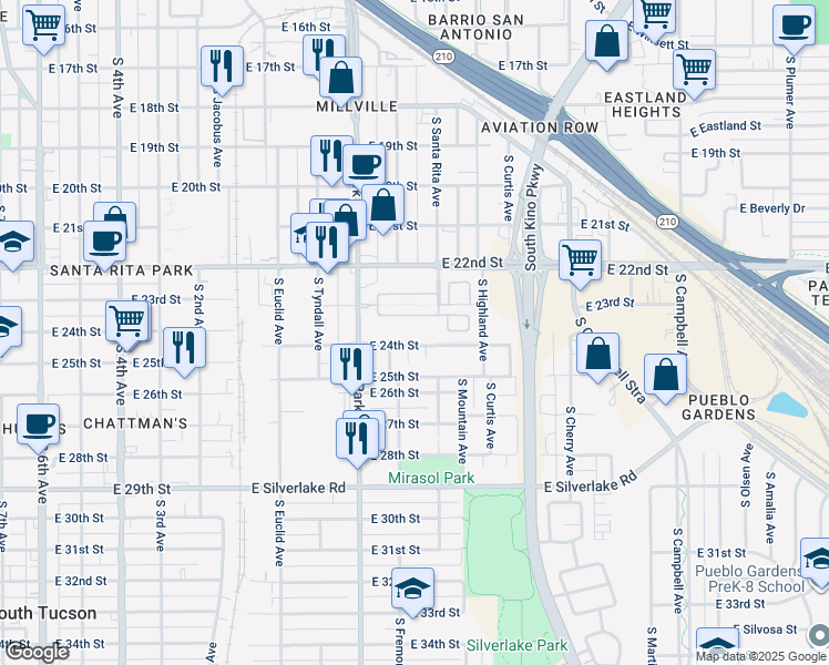 map of restaurants, bars, coffee shops, grocery stores, and more near 1040 East 23rd Street in Tucson