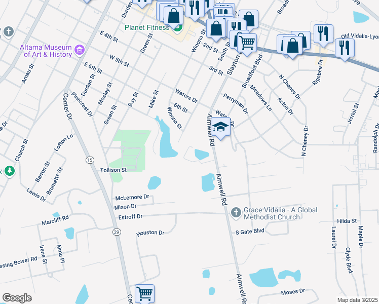 map of restaurants, bars, coffee shops, grocery stores, and more near 1254 Susan Way in Vidalia