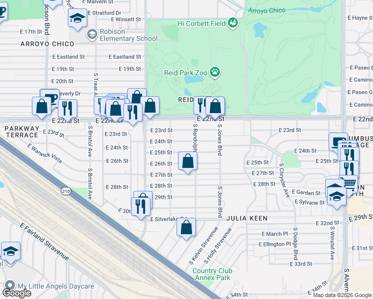 map of restaurants, bars, coffee shops, grocery stores, and more near 3249 East 25th Street in Tucson