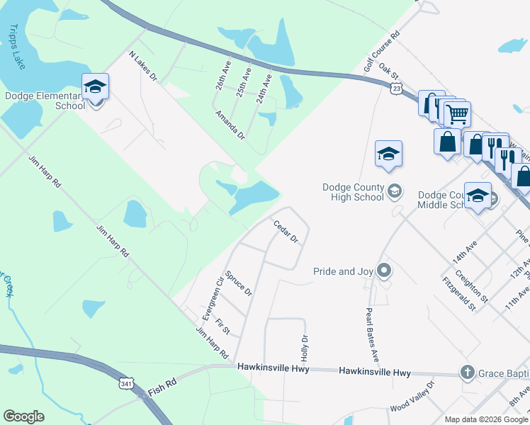 map of restaurants, bars, coffee shops, grocery stores, and more near 1000 Evergreen Circle in Eastman