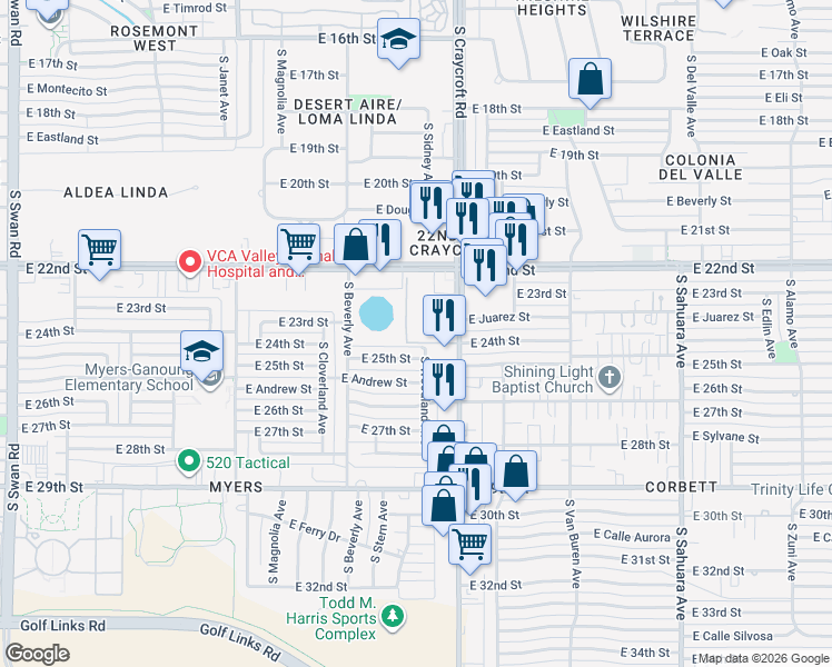 map of restaurants, bars, coffee shops, grocery stores, and more near 1256 South Craycroft Road in Tucson