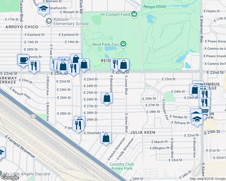 map of restaurants, bars, coffee shops, grocery stores, and more near 3302 East 24th Street in Tucson