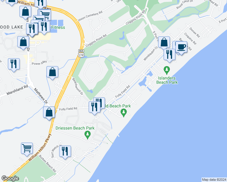 map of restaurants, bars, coffee shops, grocery stores, and more near 45 Folly Field Road in Hilton Head Island