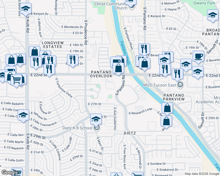 map of restaurants, bars, coffee shops, grocery stores, and more near 7662 East 22nd Street in Tucson