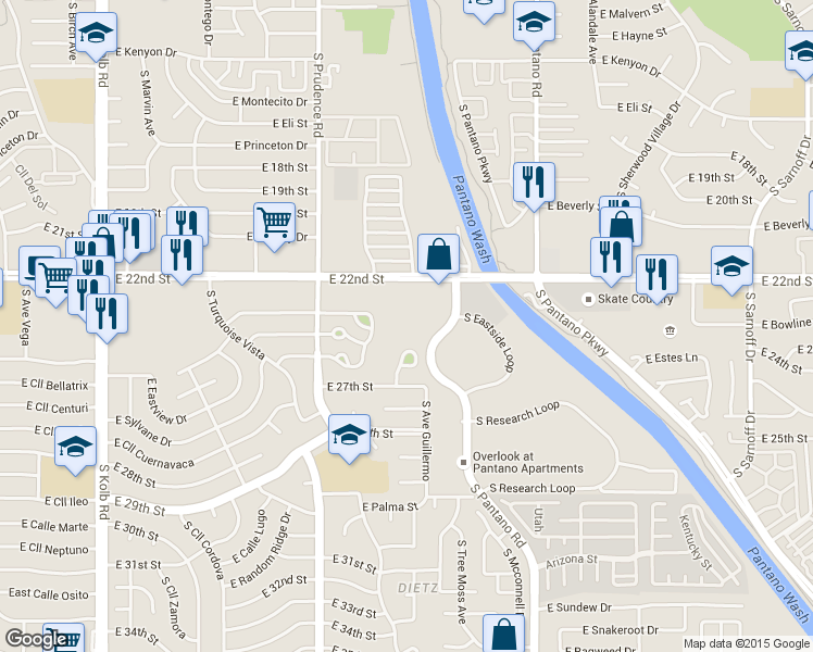 map of restaurants, bars, coffee shops, grocery stores, and more near 7662 East 22nd Street in Tucson