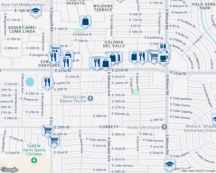 map of restaurants, bars, coffee shops, grocery stores, and more near 1306 South Sahuara Avenue in Tucson