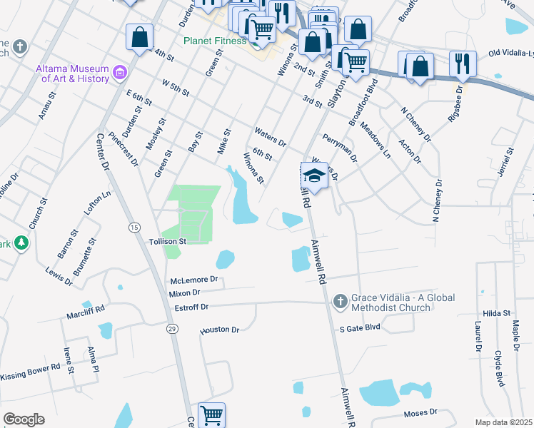 map of restaurants, bars, coffee shops, grocery stores, and more near 809 Debbie Circle in Vidalia