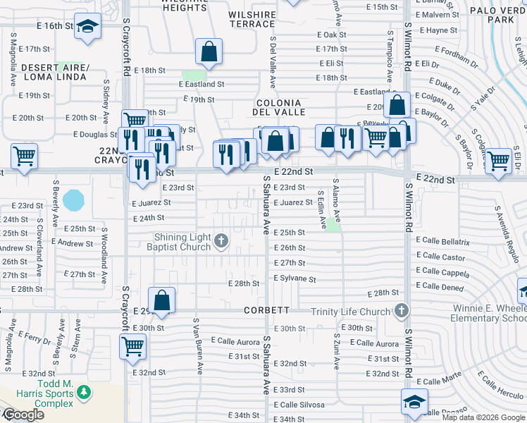 map of restaurants, bars, coffee shops, grocery stores, and more near 1310 South Sahuara Avenue in Tucson