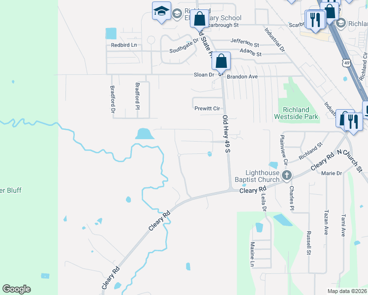 map of restaurants, bars, coffee shops, grocery stores, and more near 1341 Old Highway 49 South in Richland