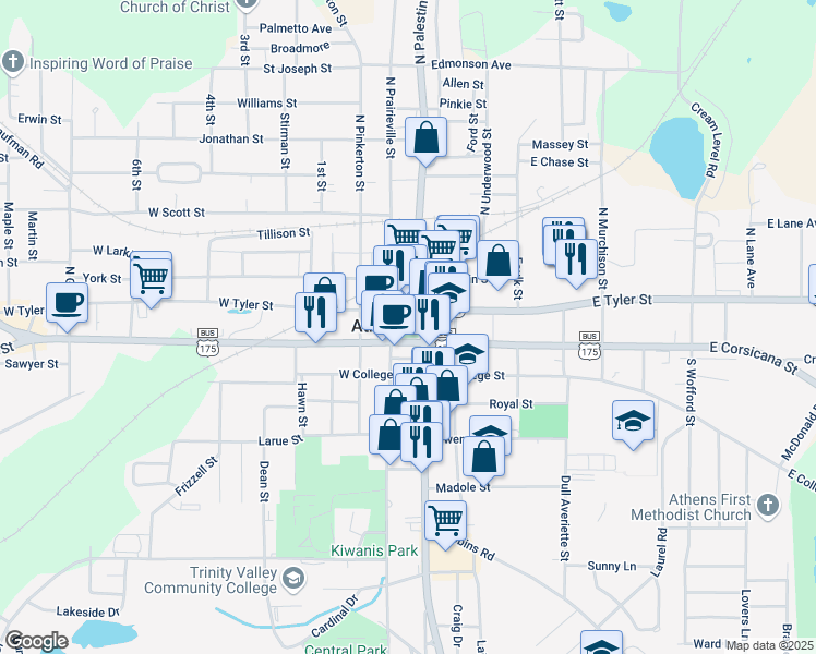 map of restaurants, bars, coffee shops, grocery stores, and more near 100 East Tyler Street in Athens