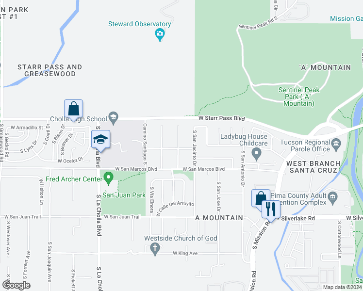 map of restaurants, bars, coffee shops, grocery stores, and more near 1834 West Pueblo Vista Boulevard in Tucson
