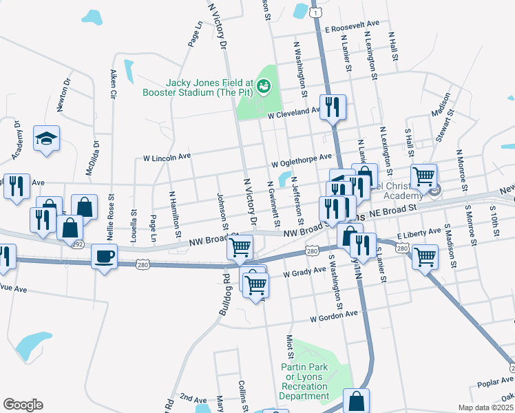 map of restaurants, bars, coffee shops, grocery stores, and more near 150 North Victory Drive in Lyons