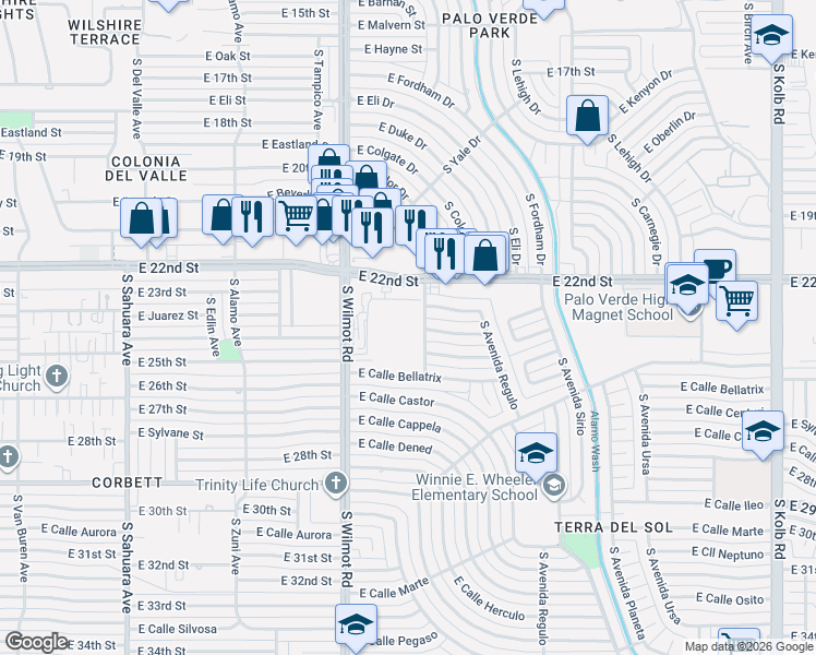 map of restaurants, bars, coffee shops, grocery stores, and more near 1360 South Avenida Polar in Tucson