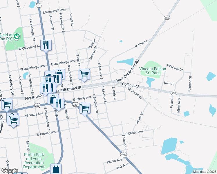 map of restaurants, bars, coffee shops, grocery stores, and more near 348 Southeast Broad Street in Lyons