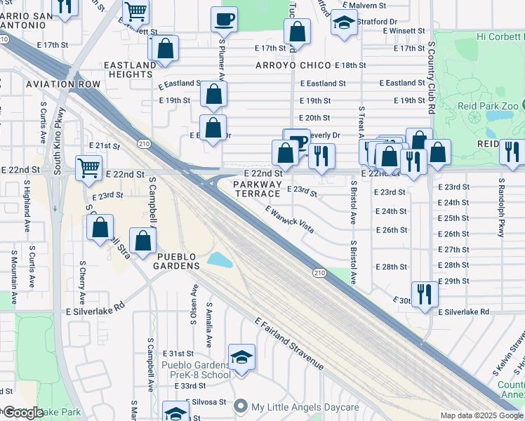 map of restaurants, bars, coffee shops, grocery stores, and more near 2368 East Warwick Vista in Tucson