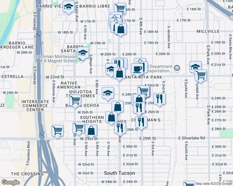 map of restaurants, bars, coffee shops, grocery stores, and more near 1334 South 6th Avenue in Tucson