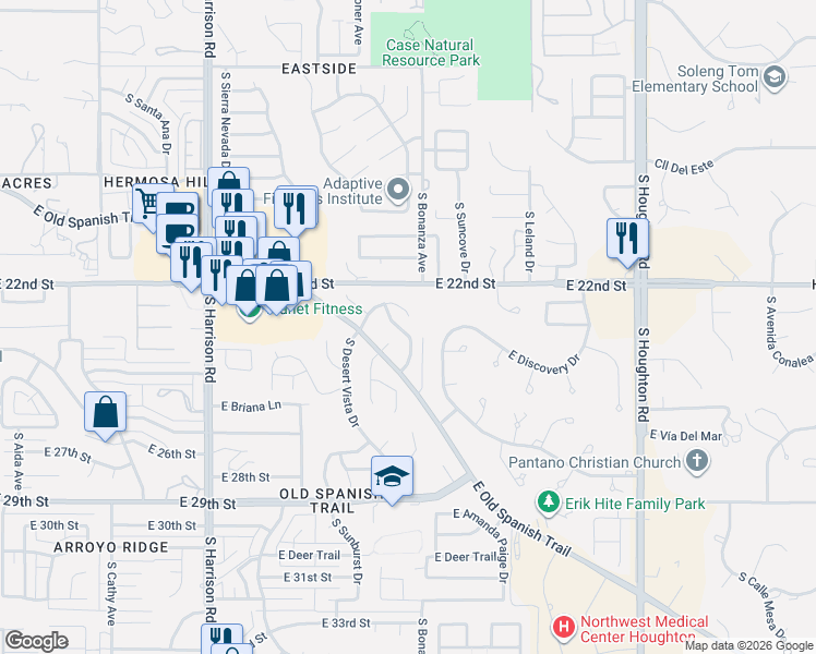 map of restaurants, bars, coffee shops, grocery stores, and more near 9842 East Wind Dancer Drive in Tucson