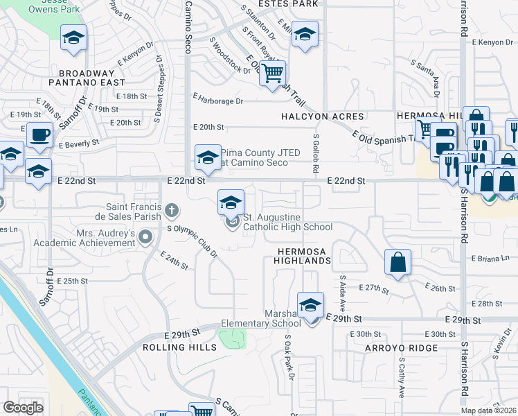 map of restaurants, bars, coffee shops, grocery stores, and more near 8917 East Calle Diego in Tucson