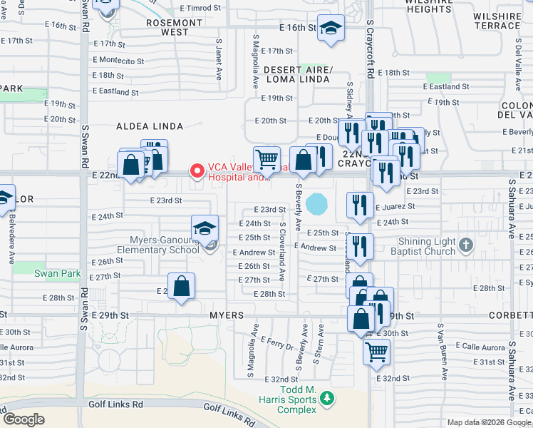 map of restaurants, bars, coffee shops, grocery stores, and more near 5202 East 23rd Street in Tucson