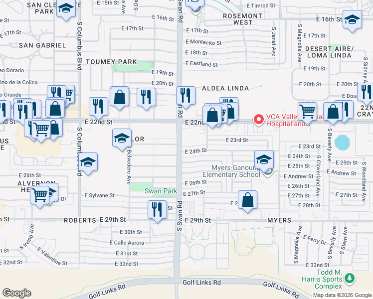 map of restaurants, bars, coffee shops, grocery stores, and more near 4701 East 24th Street in Tucson