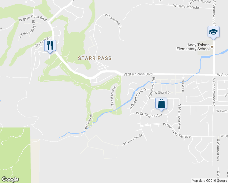 map of restaurants, bars, coffee shops, grocery stores, and more near 1383 South Lost Starr Drive in Tucson