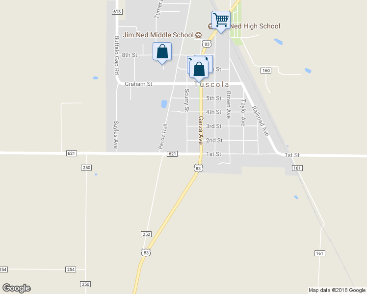 map of restaurants, bars, coffee shops, grocery stores, and more near 118 Scurry Street in Tuscola