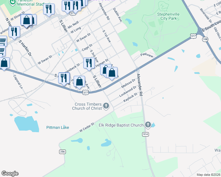 map of restaurants, bars, coffee shops, grocery stores, and more near 1460 West South Loop in Stephenville