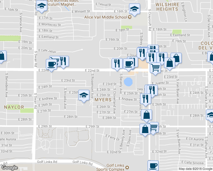 map of restaurants, bars, coffee shops, grocery stores, and more near 5202 East 23rd Street in Tucson