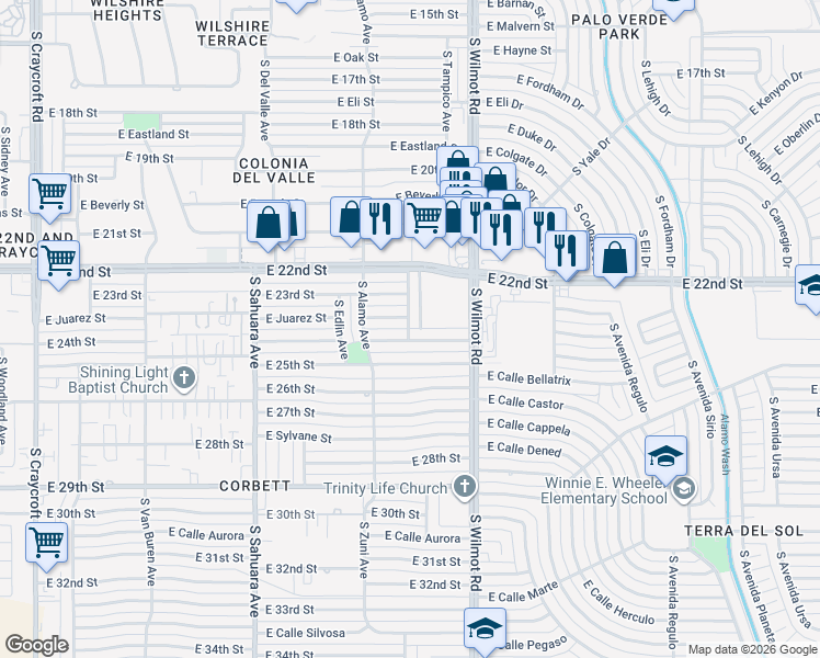map of restaurants, bars, coffee shops, grocery stores, and more near 1347 South Rook Avenue in Tucson
