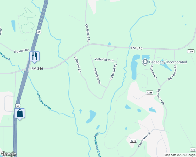 map of restaurants, bars, coffee shops, grocery stores, and more near 18929 Ridgeline Road in Tyler