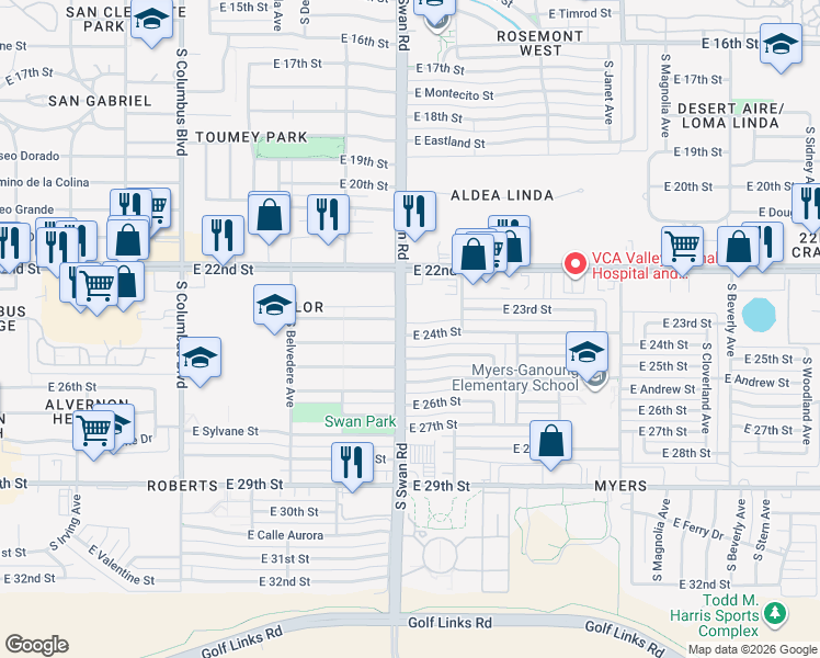 map of restaurants, bars, coffee shops, grocery stores, and more near 4701 East 24th Street in Tucson